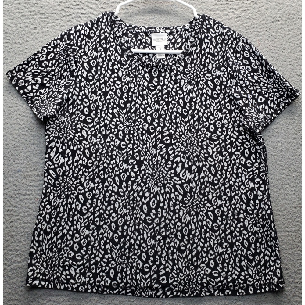 Weekends by Chico's Blouse Top Women M Multi Leopard Print Short Sleeve Pullover
